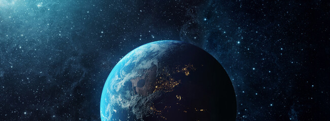 Panoramic view of the Earth, sun, star and galaxy. Sunrise over planet Earth, view from space. Elements of this image furnished by NASA