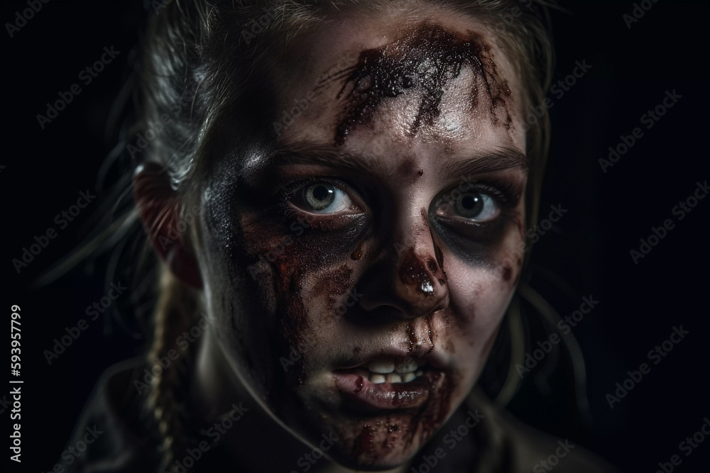 Close up portrait of a young evil zombie woman isolated on black background, Halloween , generative ai Close up portrait of a young evil zombie woman isolated on black background, Halloween , generative ai
