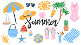 Set of cute summer elements. Tropical vacation. Perfect for summertime poster, card, scrapbooking , tag, invitation, sticker kit. Vector illustration