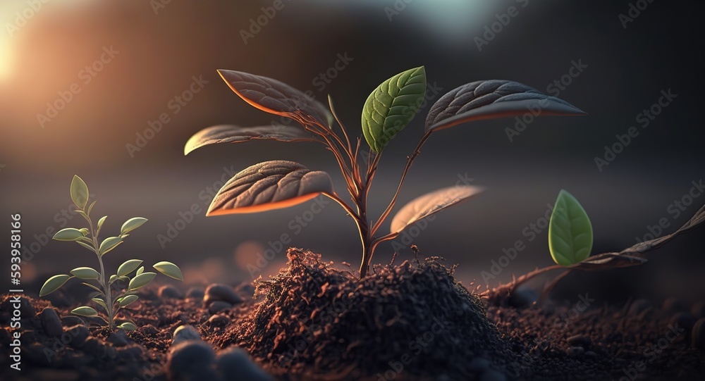 Sprössling wächst nach Anpflanzung in freier Natur. Setzling Baum neu in die Erde pflanzen. Der Keimling nach der Saat. - obrazy, fototapety, plakaty 