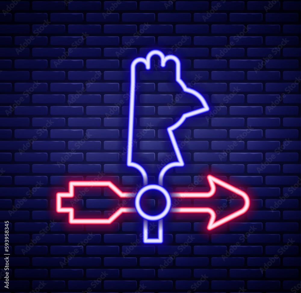 Glowing neon line Rooster weather vane icon isolated on brick wall background. Weathercock sign. Windvane rooster. Colorful outline concept. Vector Glowing neon line Rooster weather vane icon isolated on brick wall background. Weathercock sign. Windvane rooster. Colorful outline concept. Vector