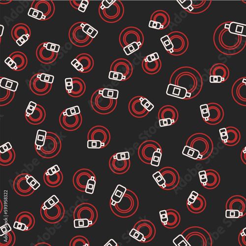 Line Dishwashing liquid bottle and plate icon isolated seamless pattern on black background. Liquid detergent for washing dishes. Vector