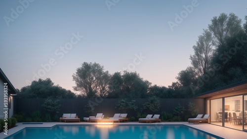 A Striking Pool With Lounge Chairs And A Fire Pit In The Middle AI Generative © Cameron Schmidt