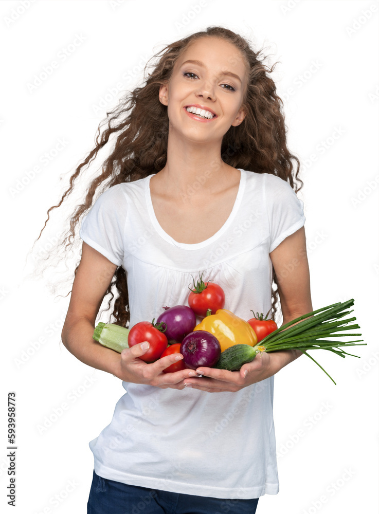 Portrait of beautiful young girl with vegetables on white background Portrait of beautiful young girl with vegetables on white background