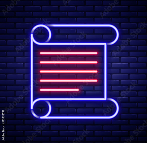 Glowing neon line Decree, paper, parchment, scroll icon icon isolated on brick wall background. Colorful outline concept. Vector