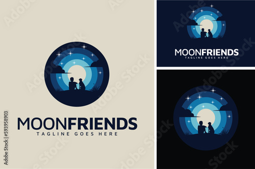 A Boy with Hound Dog sitting on grass Silhouette enjoying a Night with Full Moon Moonlight Outdoor View illustration logo design