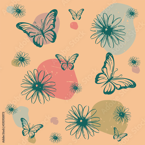 Seamless chamomile flowers and butterfly vector background. Spring floral pattern. Summer beautiful textile  rustic wallpaper  chamomile illustration  wrapping paper design
