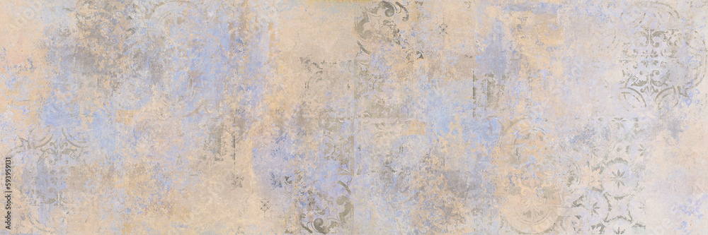 Old brown gray vintage shabby patchwork motif tiles stone concrete cement wall texture background banner. panorama.
