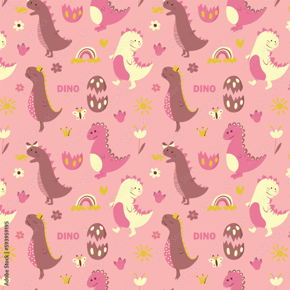Seamless pattern of funny dinosaurs on a pink background. Pink dinosaur. Background for textile and fabric. Vector illustration Seamless pattern of funny dinosaurs on a pink background. Pink dinosaur. Background for textile and fabric. Vector illustration