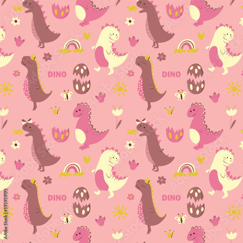 Seamless pattern of funny dinosaurs on a pink background. Pink dinosaur. Background for textile and fabric. Vector illustration