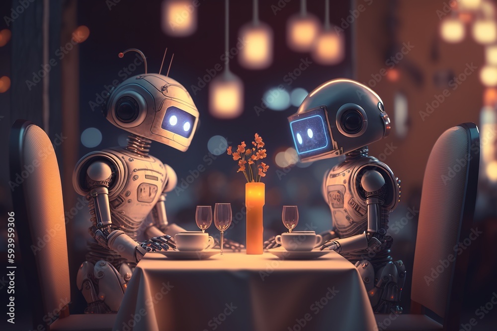 Roboterliebe - Roboter treffen sich zum Date. Künstliche Intelligenz in der Kommunikation. - obrazy, fototapety, plakaty 