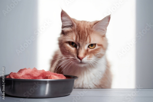 Cat sitting in front of bowl with raw meat food. Generative AI illustration