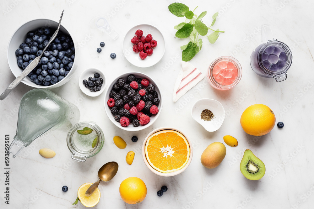 Making a fruit salad. Top view of a kitchen table with ingredients and tools. Generative AI Making a fruit salad. Top view of a kitchen table with ingredients and tools. Generative AI