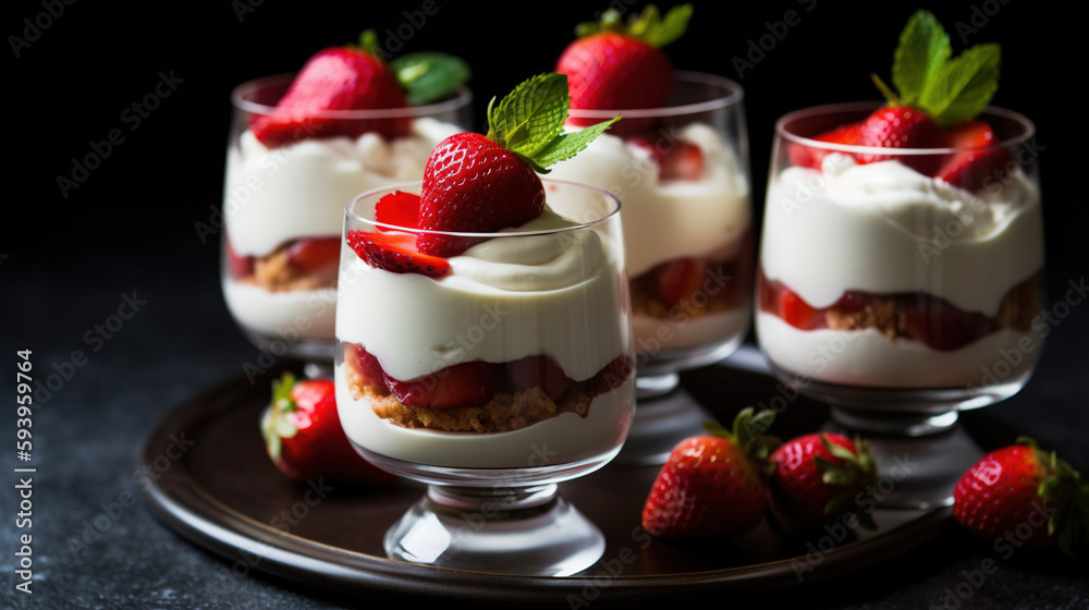 Strawberry desserts with cream in a glass. AI Strawberry desserts with cream in a glass. AI
