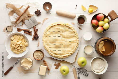 Making an apple pie. Top view of a kitchen table with ingredients and tools. Generative AI