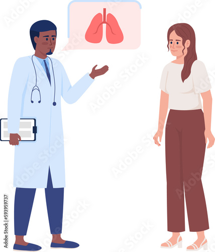 Doctor consulting woman with lung disease semi flat color raster characters. Standing figures. Full body people on white. Health simple cartoon style illustration for web graphic design and animation