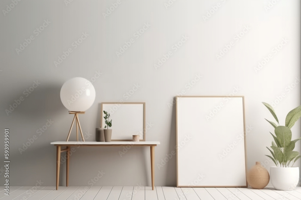 Fototapeta premium Interior design nomadic boho style with an empty frame mockup. Generative AI