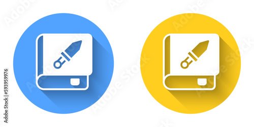 White Book about weapon icon isolated with long shadow background. Small firearm. Weapon catalog. Circle button. Vector