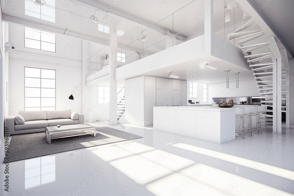 A modern white loft - interior design. Generative AI