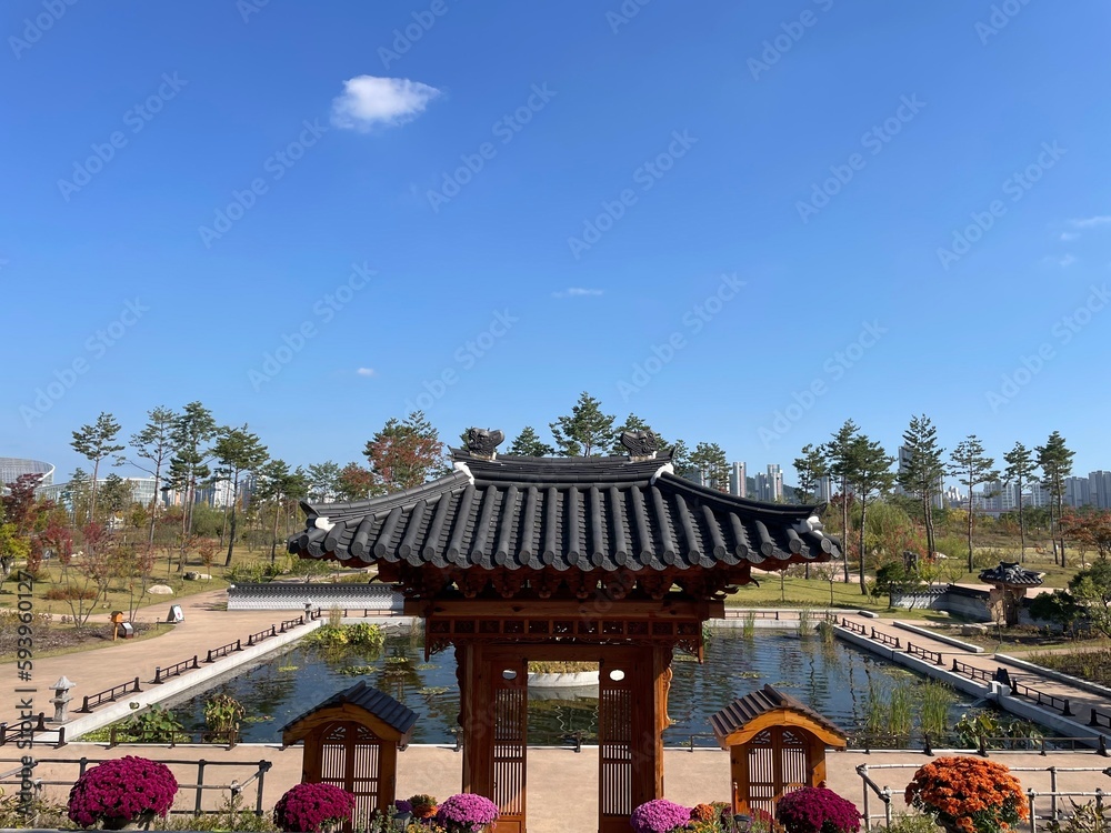 Joseon-era architecture at downtown park. 