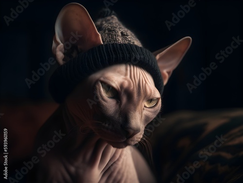 A bald cat with a knitted hat is sitting on a bed