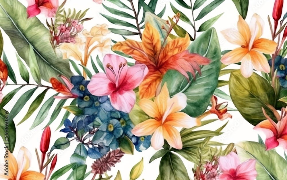 Background of watercolor colorful flowers. Generative AI technology.