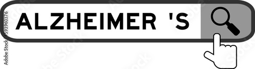 Search banner in word alzheimer 's with hand over magnifier icon on white background