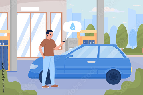 Fototapeta Naklejka Na Ścianę i Meble -  Man successfully refueling car at gas station flat color raster illustration. Gasoline fuel for customers. 2D simple cartoon characters with modern cityscape on background