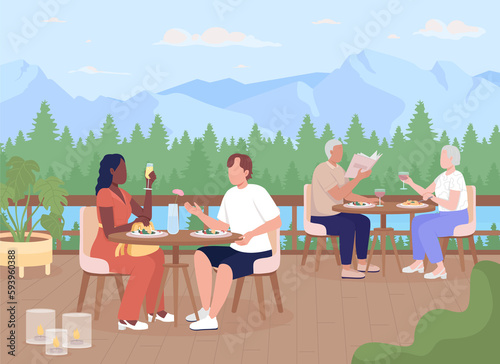 Guests enjoying dinner at mountain resort flat color raster illustration. People resting on open cafe terrace. 2D simple cartoon characters with distant hills on background