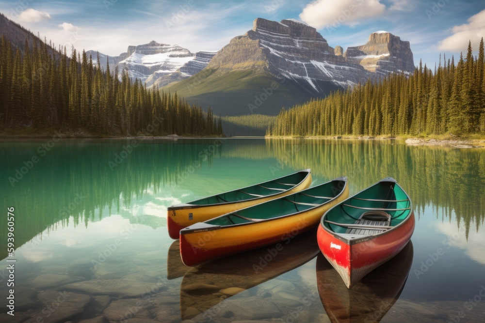 Three colorful boats or canoes on green water lake or river at national park in mountains