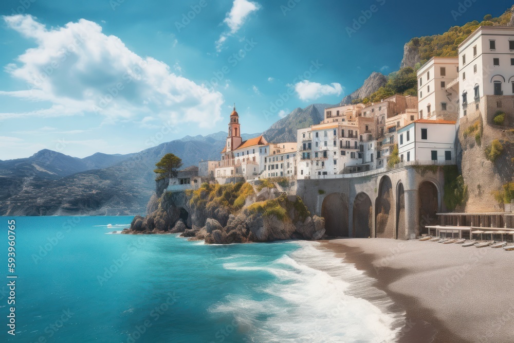 Historical church and buildings, sea and beach somewhere at Amalfi coast, Italy at sunny summer day