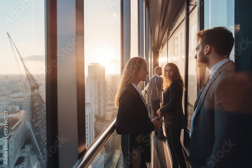 Business people of different races inside a modern office building. Generative AI photo