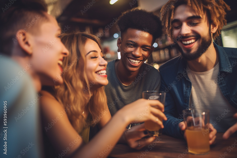 Diverse group of young people of different races hanging out in a bar and having fun. Generative AI