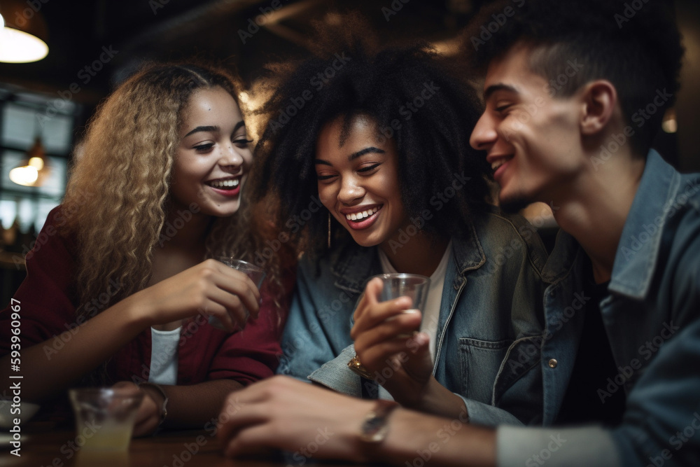 Diverse group of young people of different races hanging out in a bar and having fun. Generative AI Diverse group of young people of different races hanging out in a bar and having fun. Generative AI