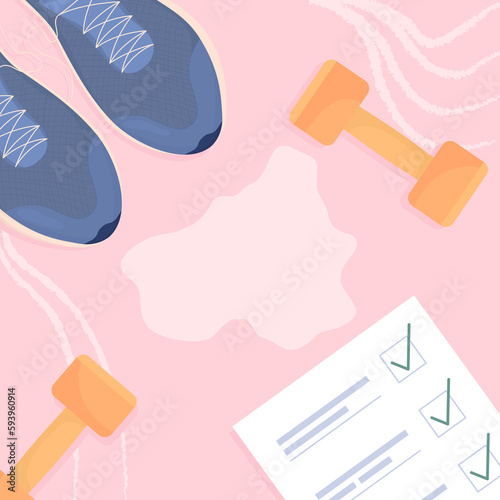 Workout plan card template. Exercising program and schedule. Training routine. Social media post design. Flat raster color illustration for poster, web banner, ecard. Neucha font used