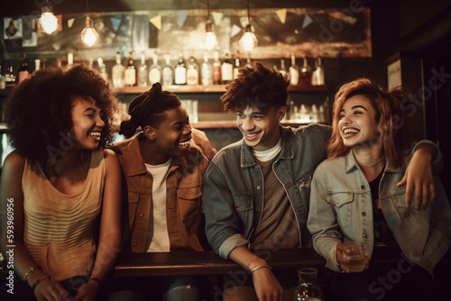 Diverse group of young people of different races hanging out in a bar and having fun. Generative AI