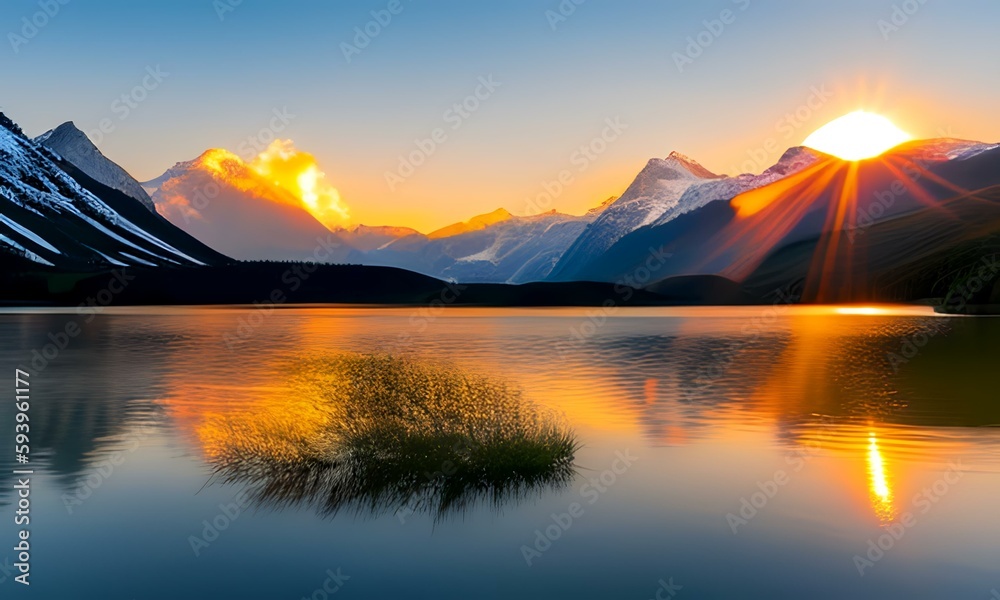Impressive summer sunrise vs  thunder lightning strike on lake with a beautiful mountain landscape
