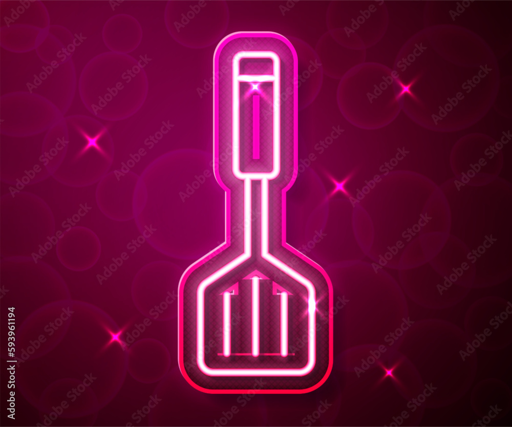 Glowing neon line Spatula icon isolated on red background. Kitchen spatula icon. BBQ spatula sign. Barbecue and grill tool. Vector Glowing neon line Spatula icon isolated on red background. Kitchen spatula icon. BBQ spatula sign. Barbecue and grill tool. Vector