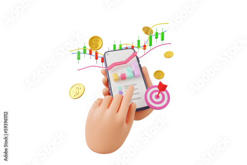 3D Cartoon hand holding smartphone using crypto trading graph symbol, investment stock market, 3D rendering illustration