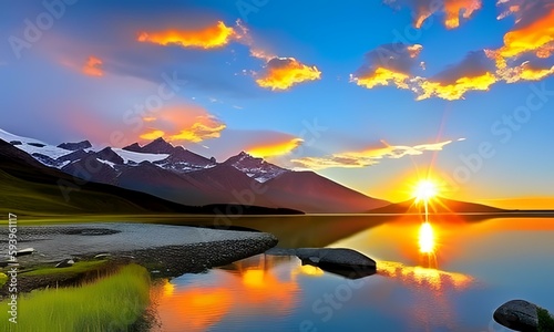 Impressive summer sunrise vs thunder lightning strike on lake with a beautiful mountain landscape 