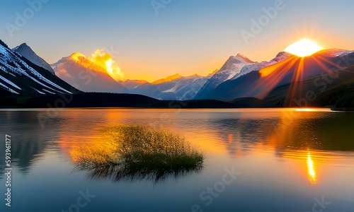 Impressive summer sunrise vs thunder lightning strike on lake with a beautiful mountain landscape 