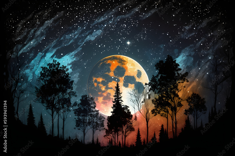 trees on the background of night sky with stars and a full moon, Generative AI
