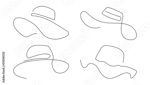 Women sun hats in continuous line art drawing style. Set. Vector illustration