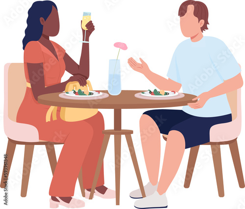 Guests sitting at table in restaurant semi flat color raster characters. Full body people on white. Luxury cafe simple cartoon style illustration for web graphic design and animation