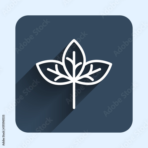 White line Leaf icon isolated with long shadow background. Leaves sign. Fresh natural product symbol. Blue square button. Vector