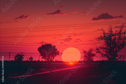 orange and red summer sunset in the meadow, Generative AI