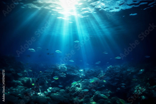 Underwater Blue Sea Sunlight Background © Thares2020