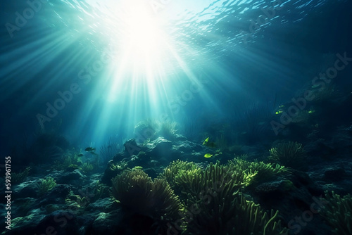 Underwater Blue Sea Sunlight Background © Thares2020
