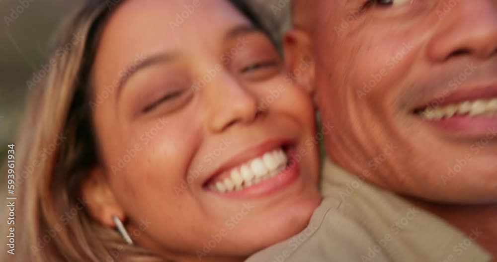 Couple, beach and face closeup with a hug and love on a date by the sea on holiday with a smile. Happiness, vacation and romance by the ocean with a happy woman and partner on Brazil travel trip Couple, beach and face closeup with a hug and love on a date by the sea on holiday with a smile. Happiness, vacation and romance by the ocean with a happy woman and partner on Brazil travel trip