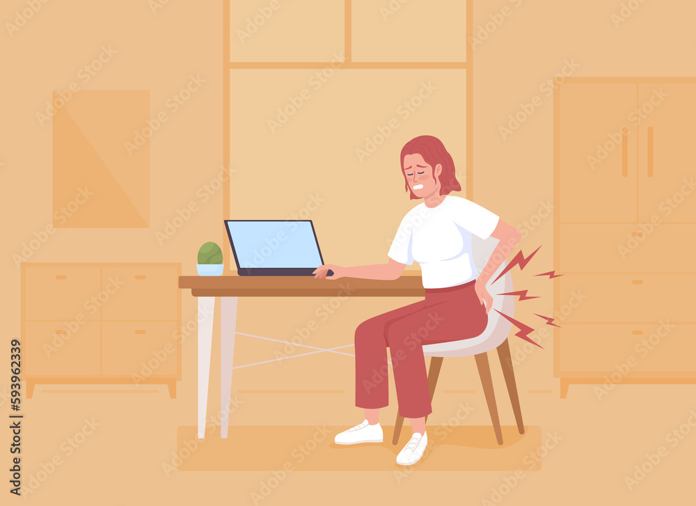 Lower back pain while seated flat color raster illustration. Woman